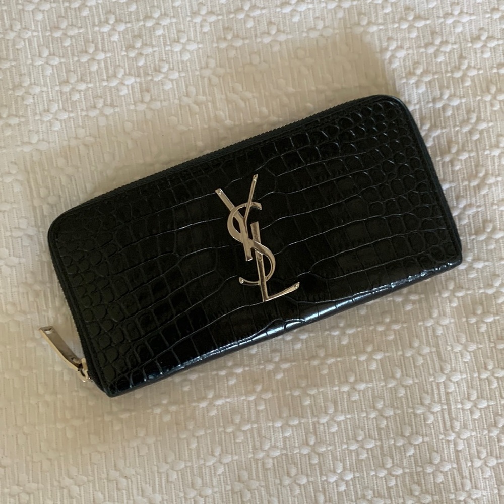 YSL glossy croc embossed leather zip around wallet EUC